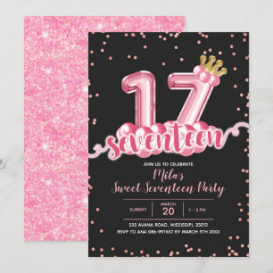 Pink and Black Crown Balloon Seventeen Birthday In Invitation