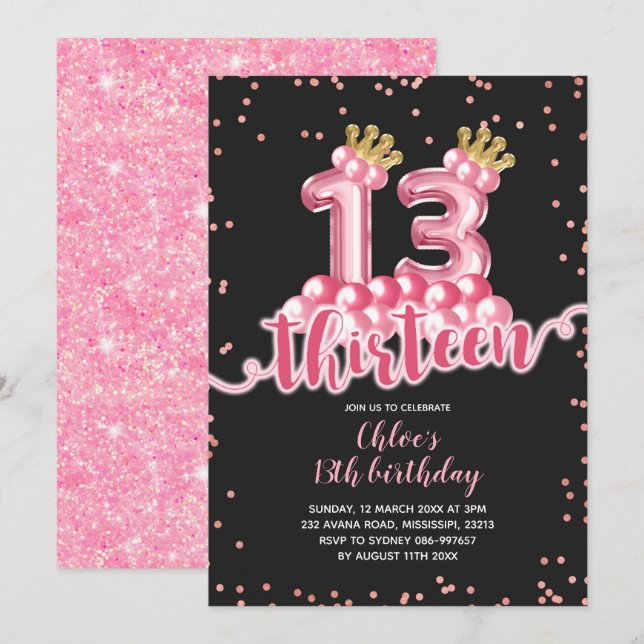 Pink and Black Crown Balloon Thirteen Birthday Invitation (Front/Back)