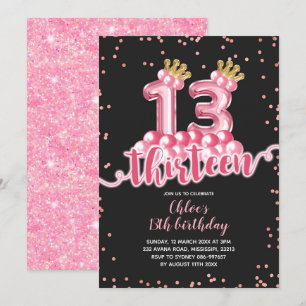 Pink and Black Crown Balloon Thirteen Birthday Invitation