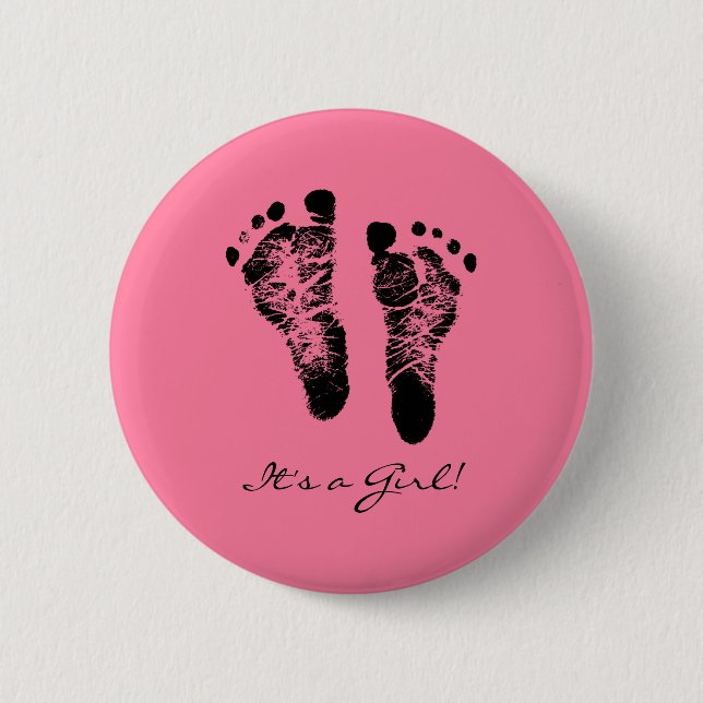 Pink and Black Cute Baby Footprints Its a Girl 6 Cm Round Badge (Front)