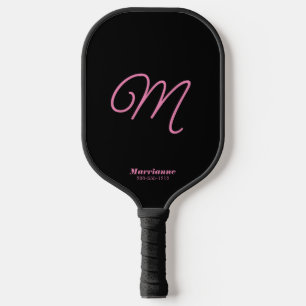 Pink and Black Cute Simple Initial Script Monogram Pickleball Paddle