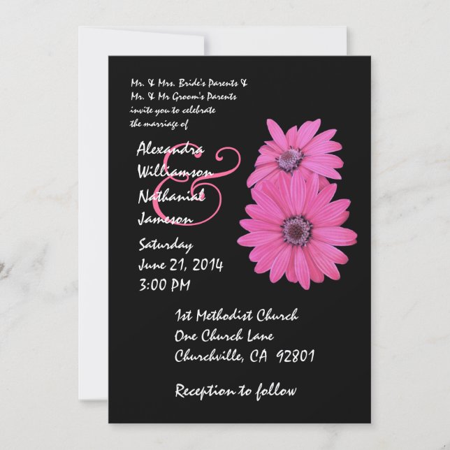 Pink and Black Daisy Wedding Invitation (Front)