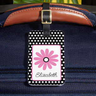 Pink and Black Daisy With White Polka Dots Luggage Tag