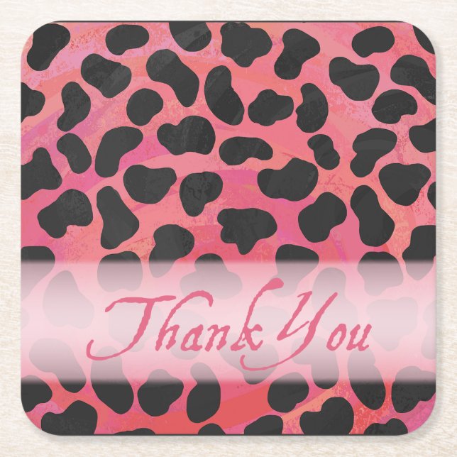 Pink and Black Dalmatian Pattern Thank You Square Paper Coaster (Front)