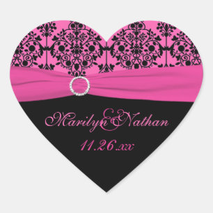 Pink and Black Damask 1.5" Heart Shape Sticker