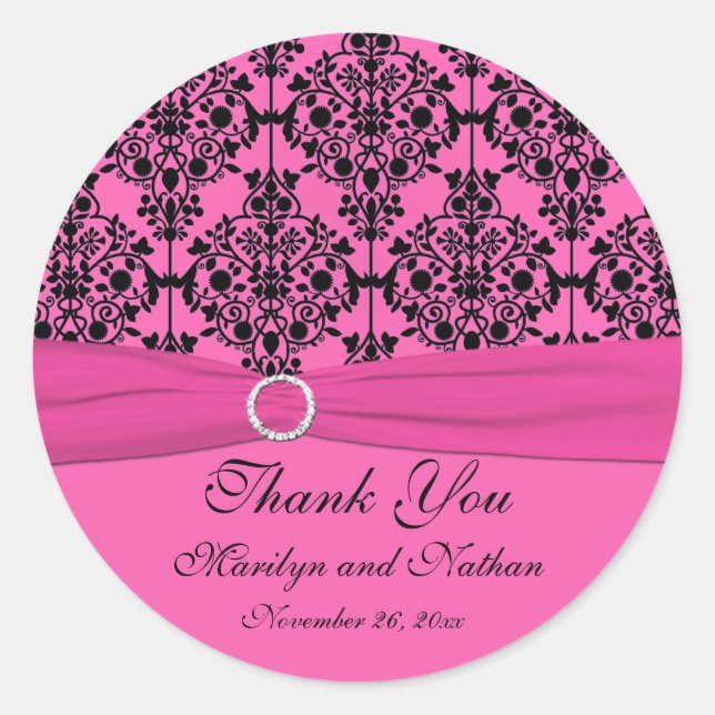 Pink and Black Damask 3" Round Sticker (Front)