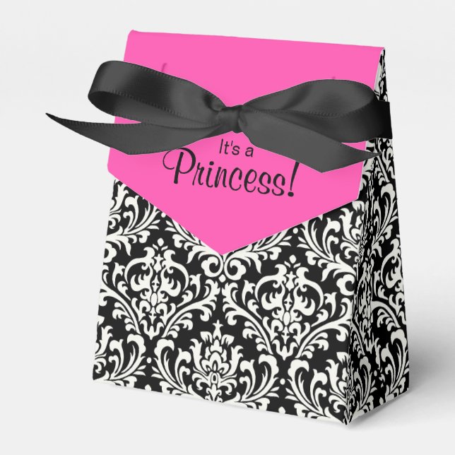 Pink and Black Damask Baby Shower Favour Box (Front Side)