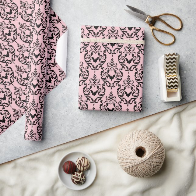 Pink and Black Damask Bats Wrapping Paper (Crafts)