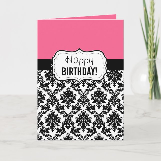 Pink and Black Damask, Birthday Card (Front)