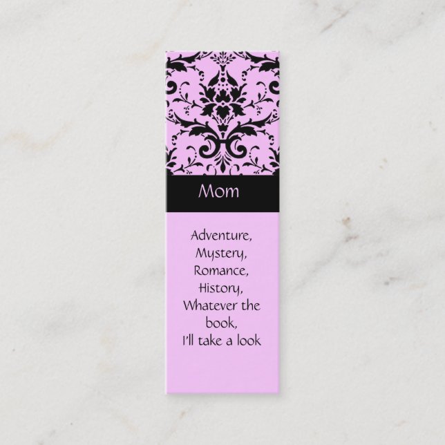 Pink and Black Damask Book Marks Calling Card (Front)