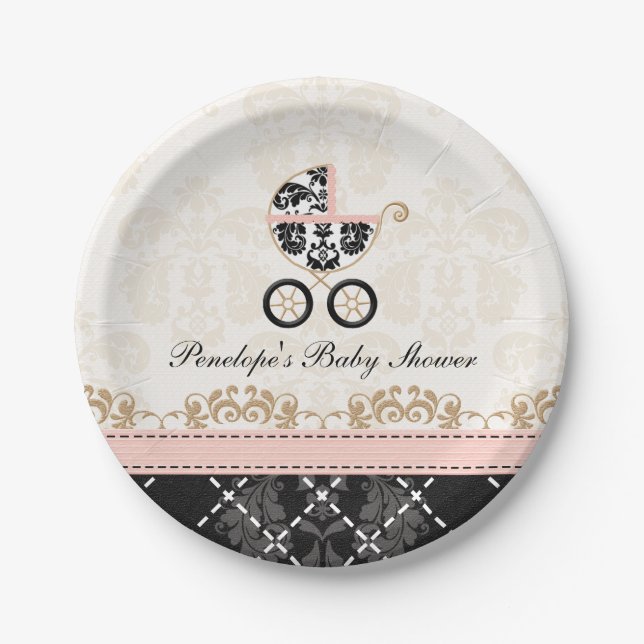 Pink and Black Damask Carriage Baby Shower Paper Plate (Front)