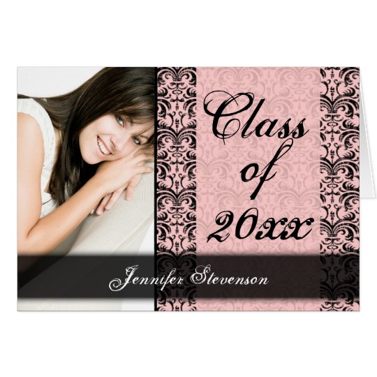 Pink and Black Damask Chic Graduation Annoncement Card