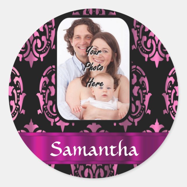 Pink and black damask classic round sticker (Front)
