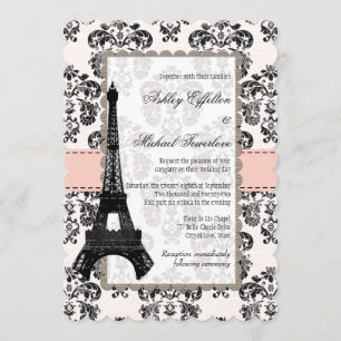 Pink and Black Damask Eiffel Tower Wedding Invitation