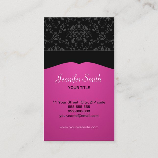 Pink and Black Damask Elegant business card (Front)