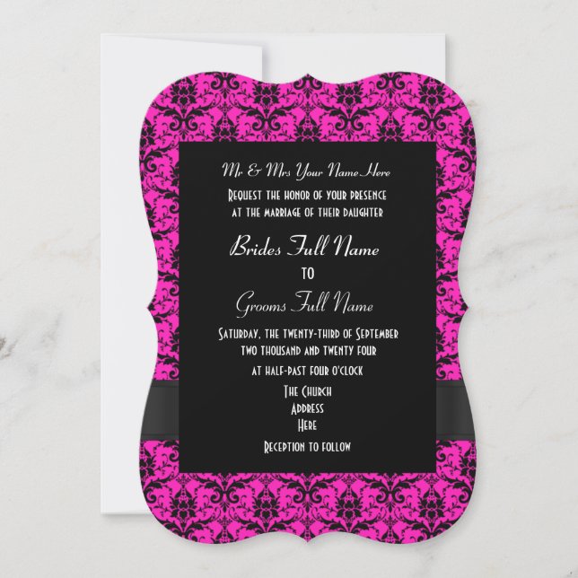 Pink and black damask formal wedding invitation (Front)