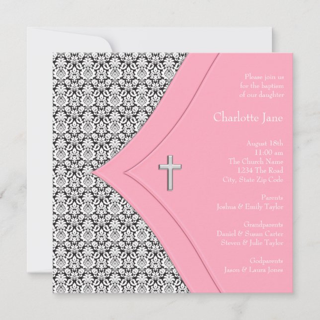 Pink and Black Damask Girl Baptism Christening Invitation (Front)