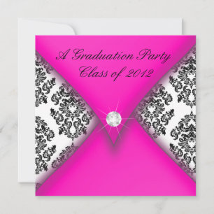 Pink and Black Damask Graduation Party Invitation
