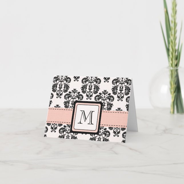 Pink and Black Damask Monogrammed Note Cards (Front)