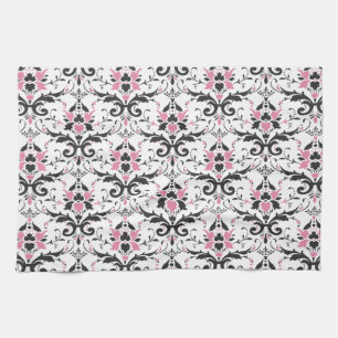 Pink and Black Damask Pattern Tea Towel
