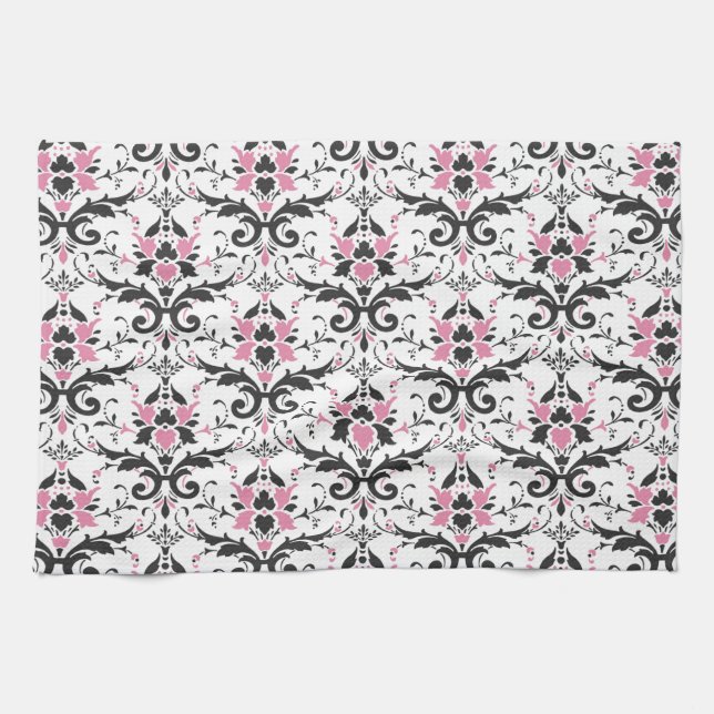 Pink and Black Damask Pattern Tea Towel (Horizontal)