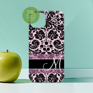 Pink and Black Damask Pattern with Monogram iPhone 16 Case