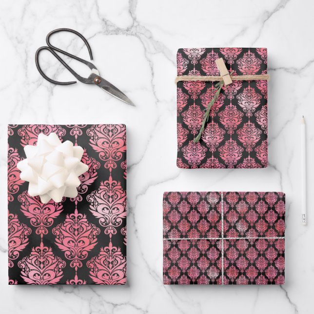 Pink and Black Damask Pattern Wrapping Paper Sheet (Front)