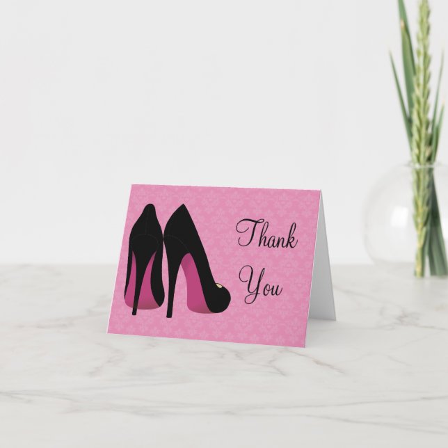 Pink and Black Damask Shoes Thank You Card (Front)