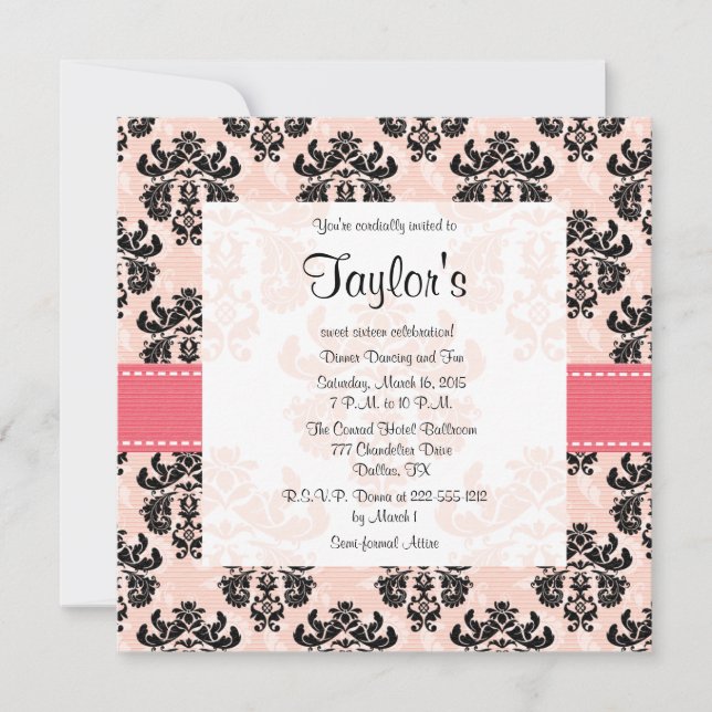 Pink and Black Damask Sweet Sixteen Invitations (Front)