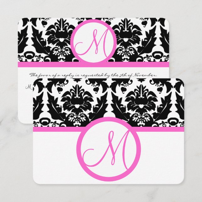 Pink and Black Damask Swirls Wedding Invitation (Front/Back)