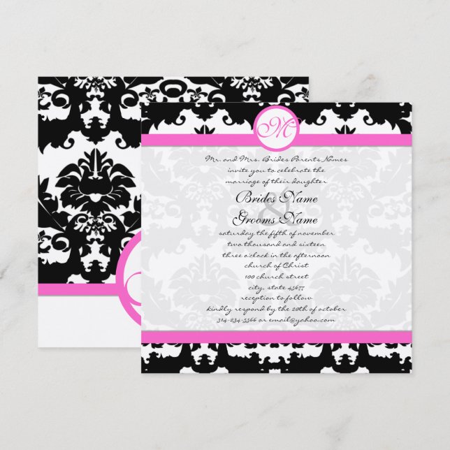 Pink and Black Damask Swirls Wedding Invitation (Front/Back)