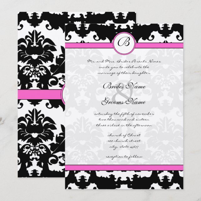 Pink and Black Damask Swirls Wedding Invitation (Front/Back)