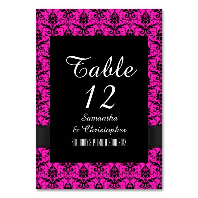 Pink and black damask table number (Front)