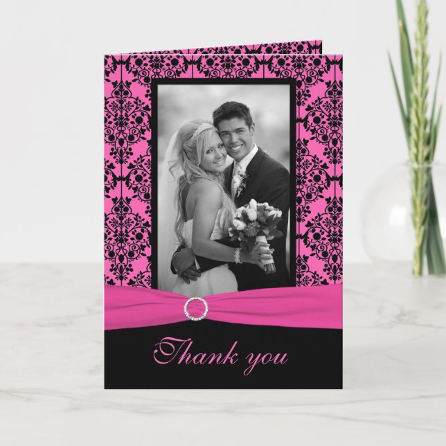 Pink and Black Damask Thank You Card with Photo (Front)