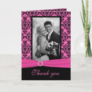 Pink and Black Damask Thank You Card with Photo