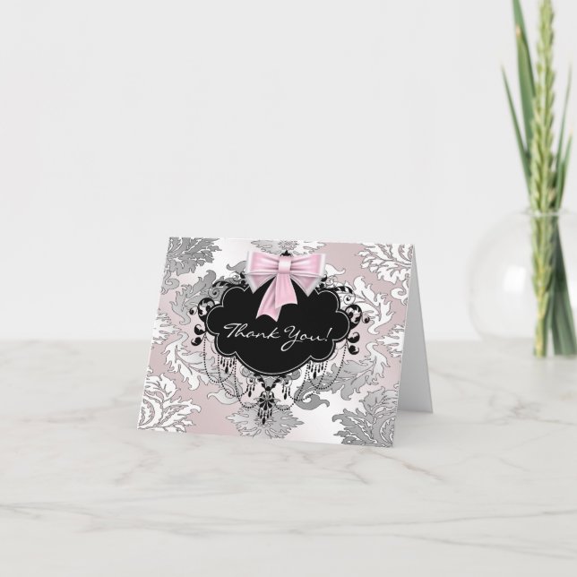 Pink and Black Damask Thank You Cards (Front)