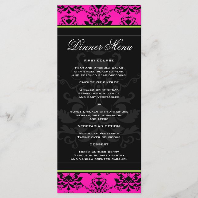 Pink and Black Damask w/ Green Slim Dinner Menu (Front)