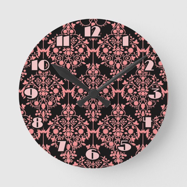 Pink and Black Damask Wall Clock (Front)