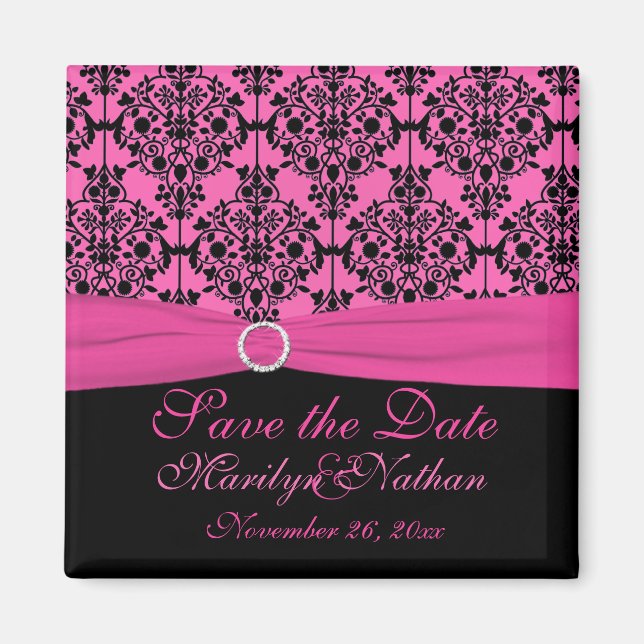 Pink and Black Damask Wedding Favour Magnet (Front)