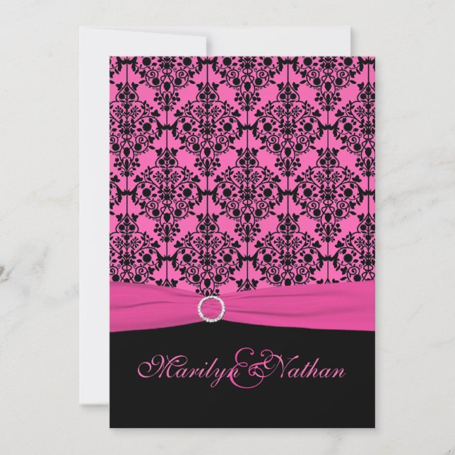 Pink and Black Damask Wedding Invitation (Front)
