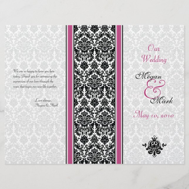 Pink and Black Damask Wedding Program (Front)