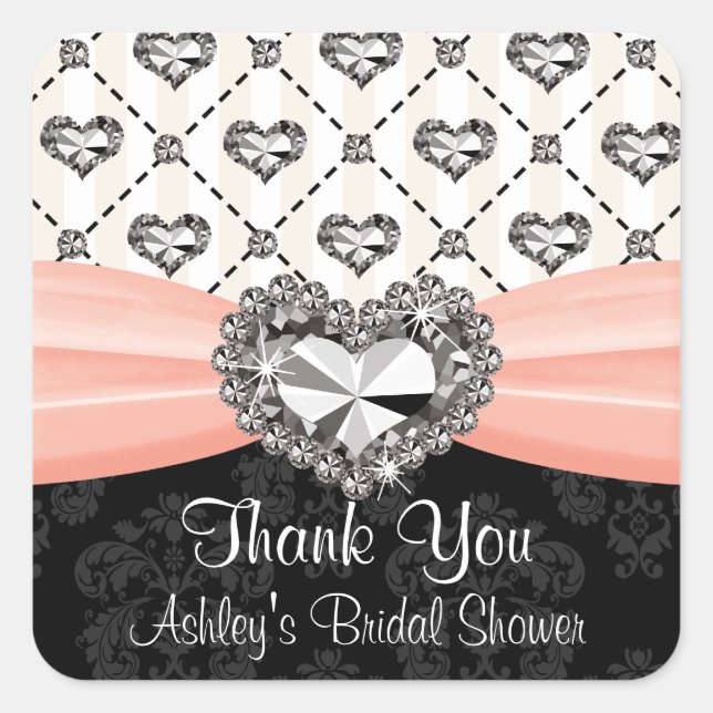 Pink and Black Diamond Heart Thank You Sticker Lab (Front)