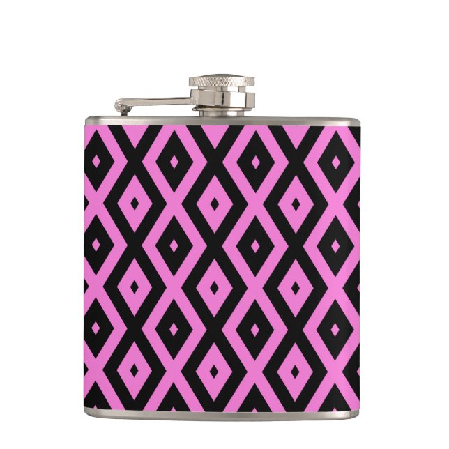 Pink and black diamond pattern hip flask (Front)