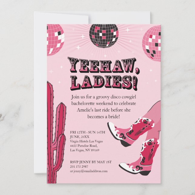 Pink and Black Disco Cowgirl Bachelorette Weekend Invitation (Front)