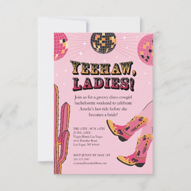 Pink and Black Disco Cowgirl Bachelorette Weekend Invitation (Front)