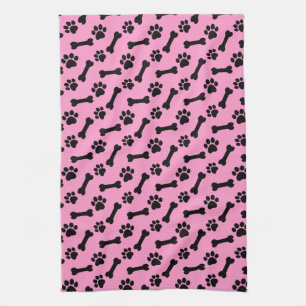 PINK and BLACK Dog Paws and Bones B06 Tea Towel