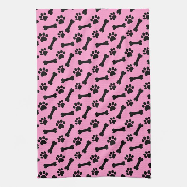 PINK and BLACK Dog Paws and Bones B06 Tea Towel (Vertical)