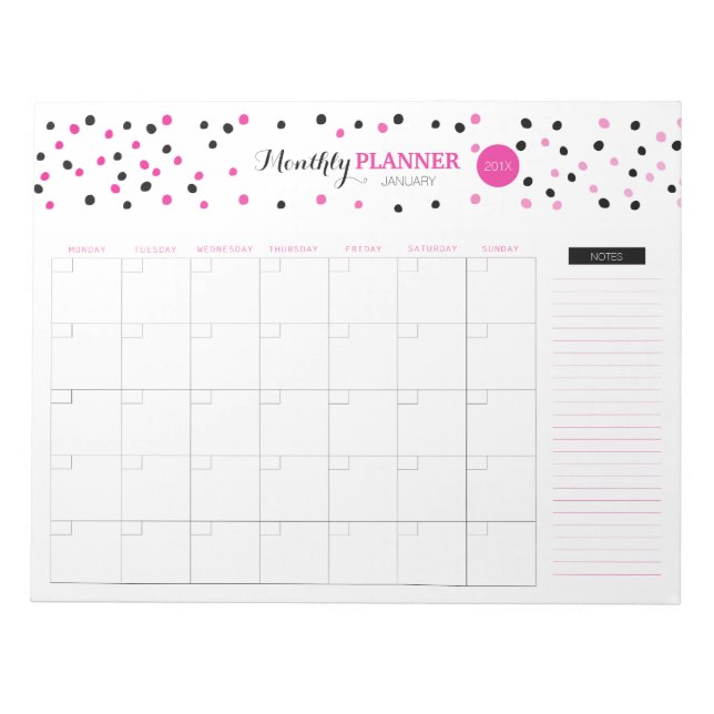 Pink and Black Dots Monthly Planner Notepad (Front)