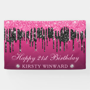 Pink and Black Dripping Glitter 21st Birthday Banner
