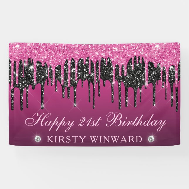 Pink and Black Dripping Glitter 21st Birthday Banner (Horizontal)